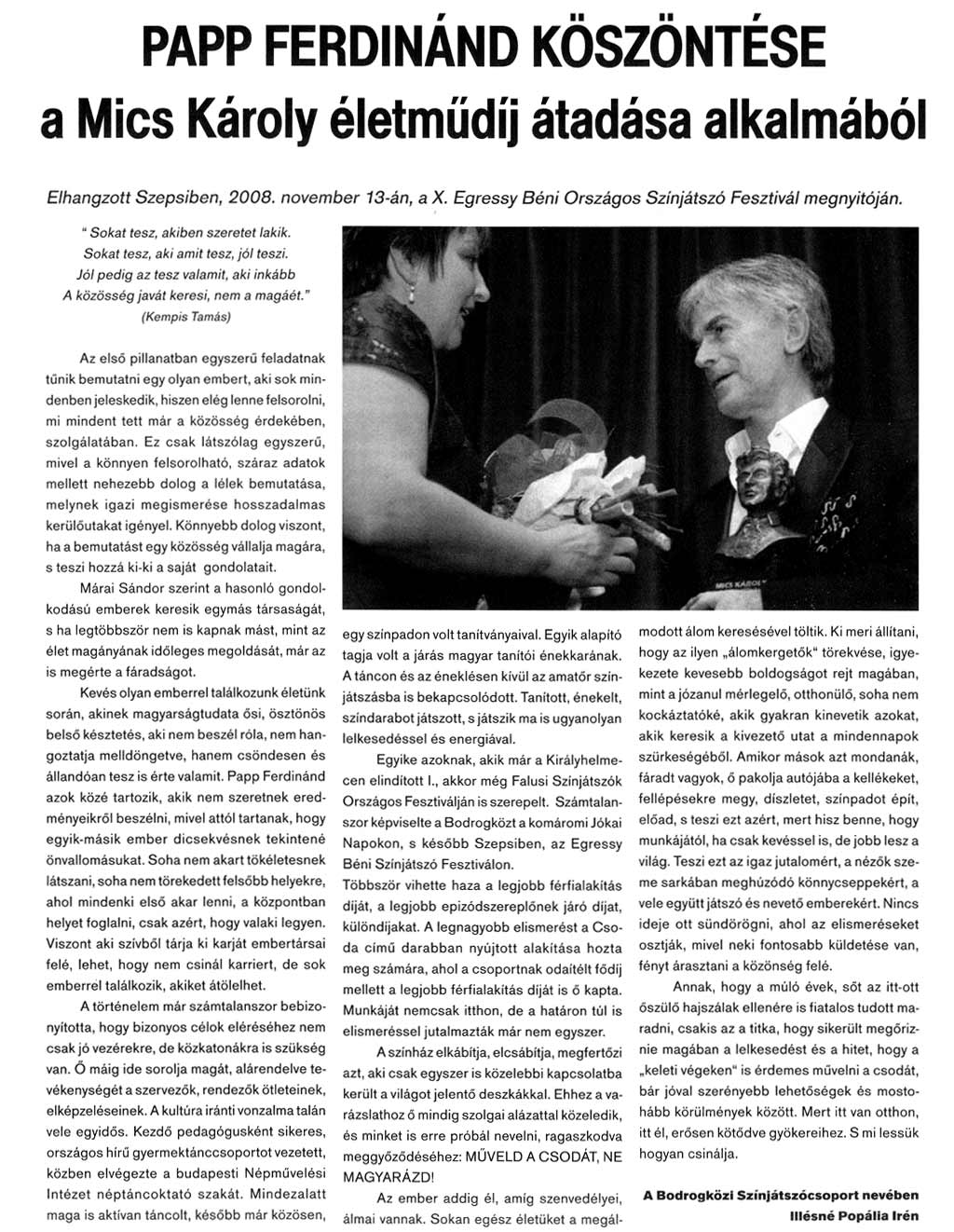 Papp Ferdinánd köszöntése a Mics Károly életműdíj átadása alkalmából